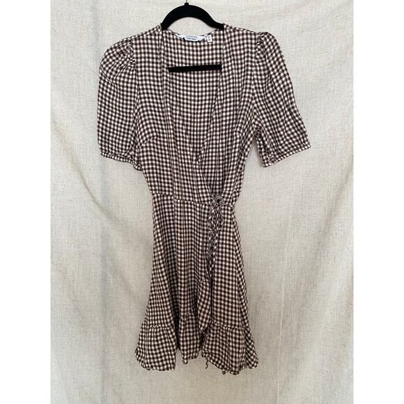 & Other Store Brown Gingham Mini Wrap Dress Size 8 - Picture 3 of 13